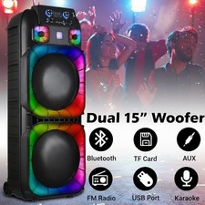 Dual 15" Portable Bluetooth Speaker Subwoofer Deep Bass Party System w/ 2 Mics