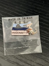 Vintage Massachusetts State-Shaped Souvenir Tourist Lapel Pin Tall Ship Cape Cod
