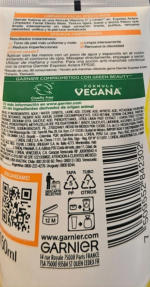 Garnier Skin Active/Express Aclara/Anti Manchas/Vitamina C/ Efecto Mate/ 150 ML - Image 2 of 2