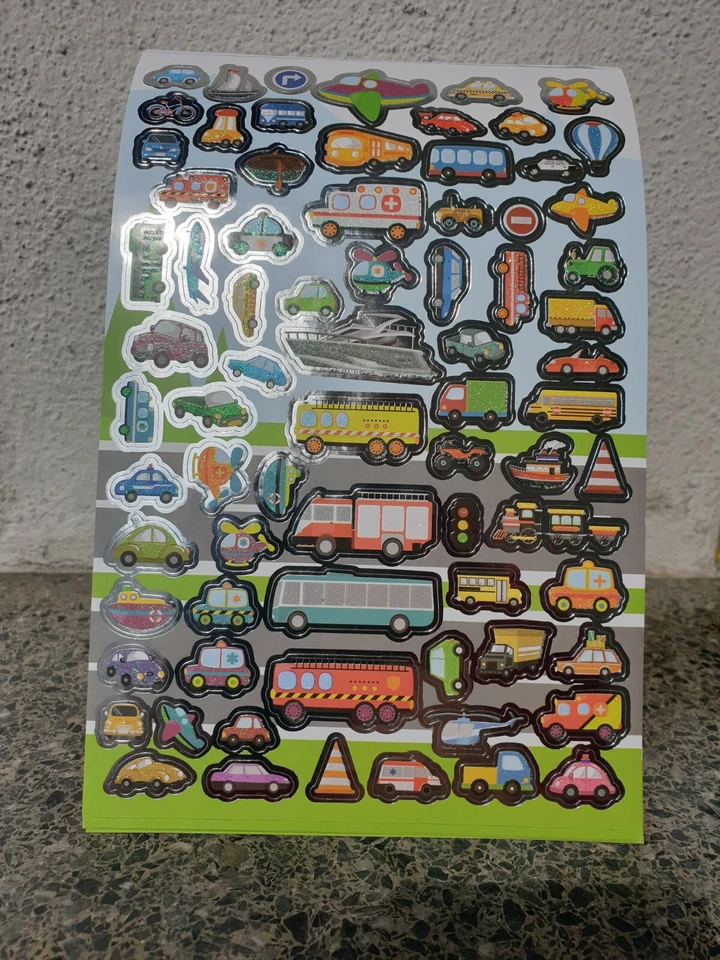 250 Glitzer Sticker Fahrzeuge Verkehr Autos Eisenbahn Flugzeug Polizei Feuerwehr - Bild 4 von 4