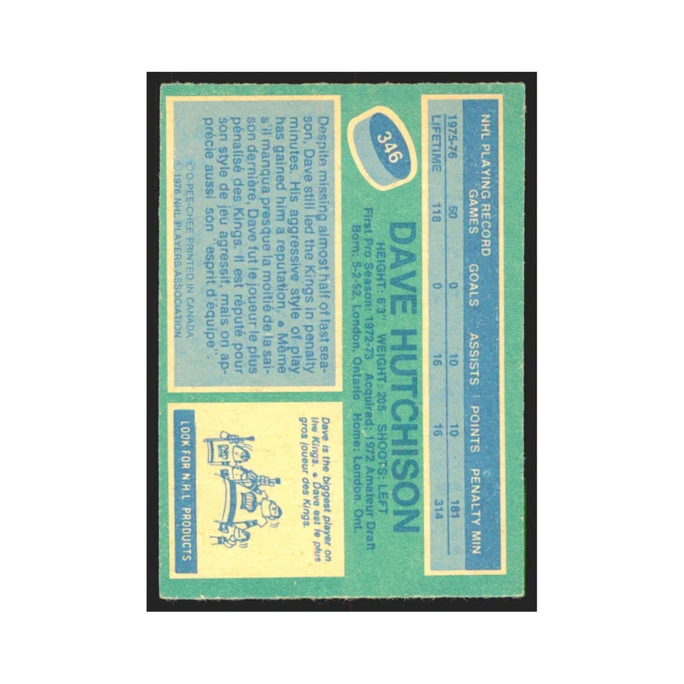 1976 O-Pee-Chee Dave Hutchison Los Angeles Kings #346 - Image 2 of 3