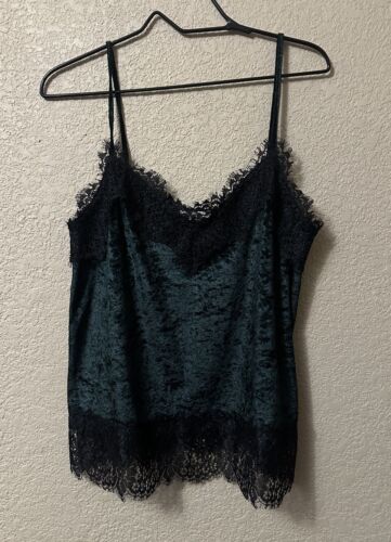 H&M Babydoll Top Green Crushed Velvet Black Lace Trim Size Medium Y2K Cami