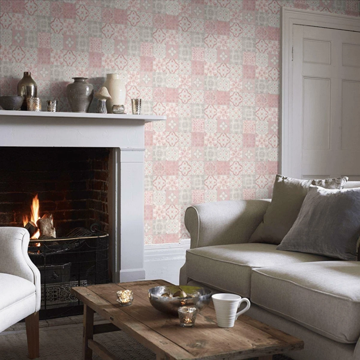 Salinas Safira Pink and White Grey Tiles Themed Wallpaper Textured