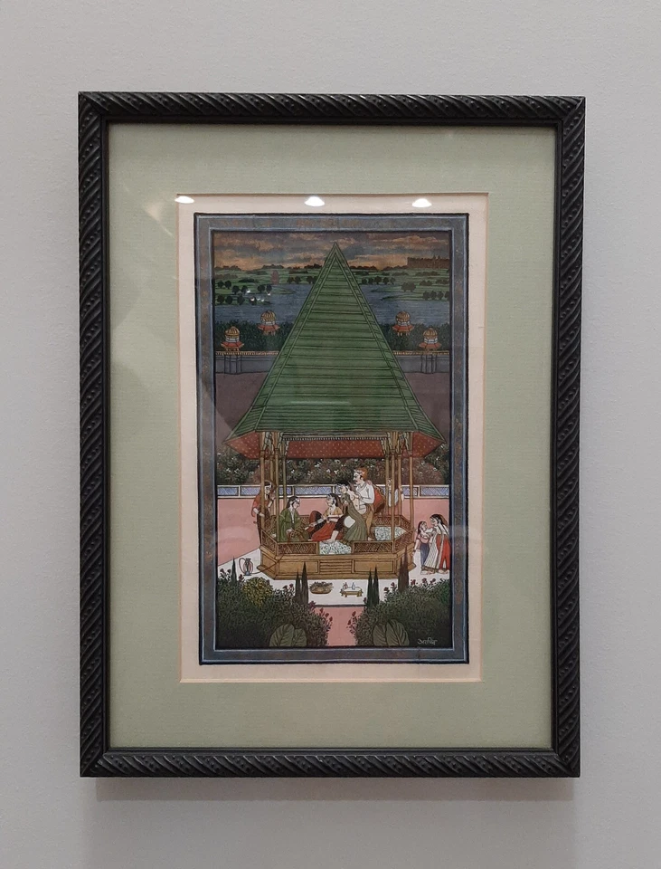 Arte harén mogol Kamasutra indio miniatura arte erótico en tela firmado enmarcado Foto 3 de 4