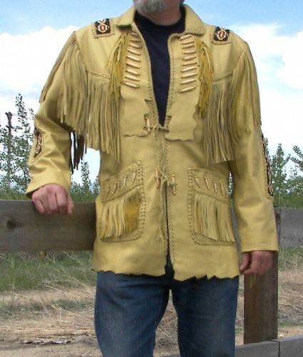 Herren Westernbekleidung Native American Wildleder Lederjacke Mantel Fransen und Perlen  - Bild 1 von 3