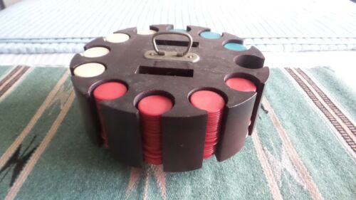 Antique, Vintage POKER CHIPS IN ROUND WOODEN HOLDER Card,Handle,Bakelite,RW&B - Picture 1 of 4