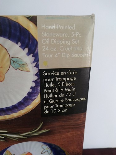 Baum Bros Style Eyes Lemons On Blue 5 Piece Oil Dipping Set Cruet & 4 Saucers - Picture 2 of 8