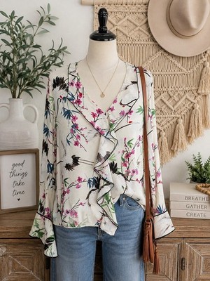 Zara Basic Womens M Crane Cherry Blossom Floral Ruffle Blouse Bell Sleeve