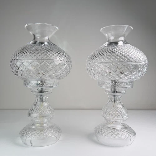 Pair Of Vintage Waterford Crystal Cut Inishmore Electric Hurricane Lamp 19"