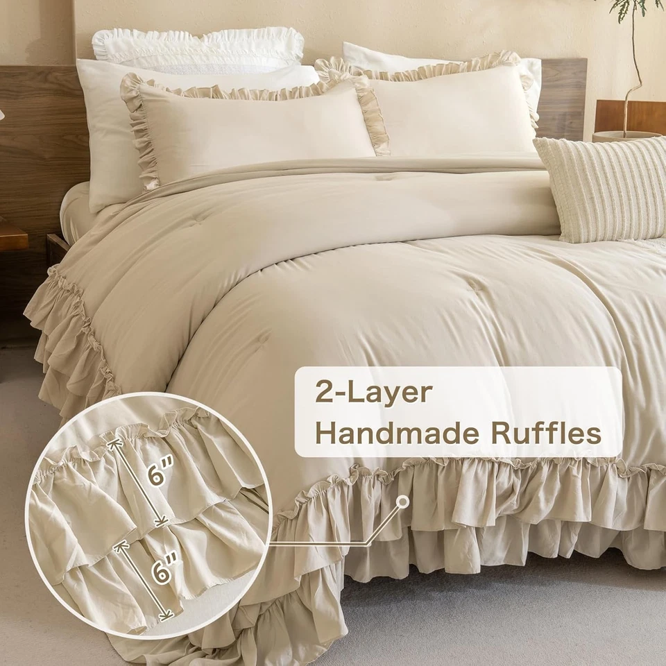 Masaca Twin Comforter with Ruffles,Shabby Boho Chic Ruffle Twin, Wheat - Image 3 of 4