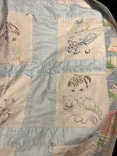 Vintage Handmade Baby Quilt Blanket Embroided Children  Animals Pastel Nursery