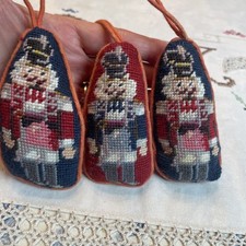 VTG Needlepoint Nutcracker Christmas Ornaments Lot Of 3