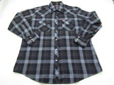 VTG Ely Plains Shirt Men 17 1/2-34-35 Pearl Snap Black Gray Plaid Western Cowboy