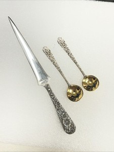 Pair Stieff  2.75” Sterling Silver Salt Spoons & a Kirk & Sons 6” Letter Opener