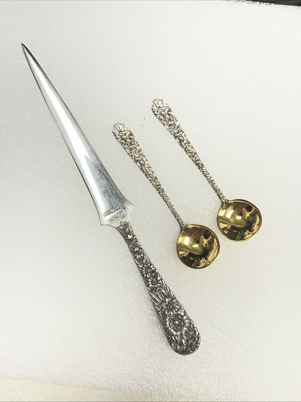Pair Stieff  2.75” Sterling Silver Salt Spoons & a Kirk & Sons 6” Letter Opener
