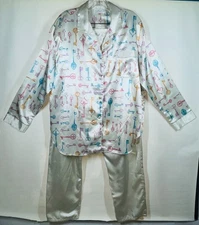 Kathryn Vintage Womens Large Pajamas Button Up Long Sleeve Keys Cream White