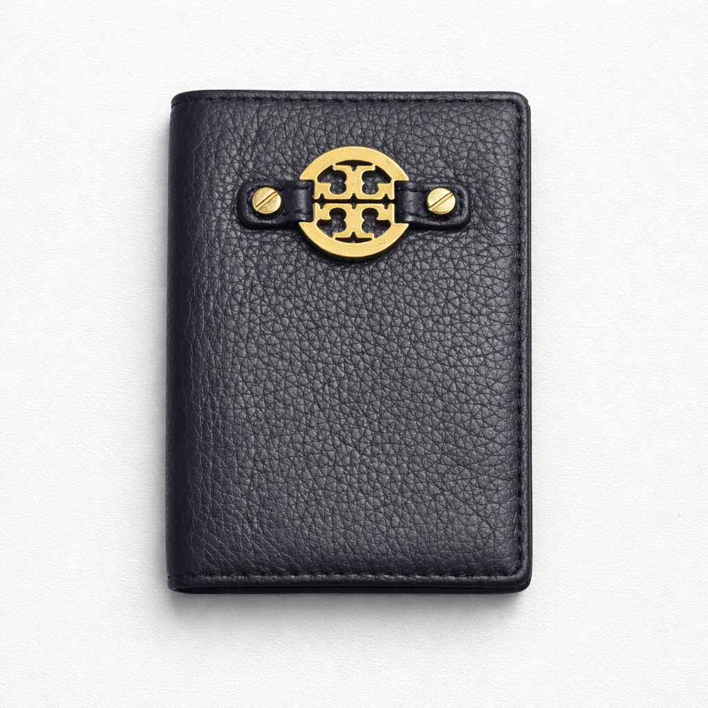 Tory Burch Blue Leather Bi-Fold Wallet Gold Logo ID Window Card