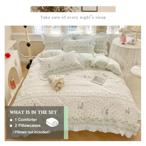  Juego de edredón de flores para niñas edredón verde reina (90"x90") encaje blanco como nuevo Foto 2 de 4