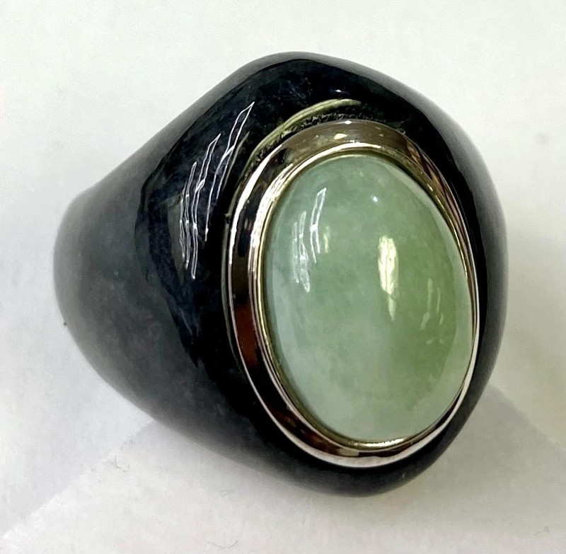 HSN Jade of Yesteryear Sterling Silver Green & Charcoal Jade Ring Size 7