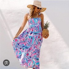 Kenny Flowers Wakiki Pink Blue Abstract Tie Shoulder Maxi Dress Medium