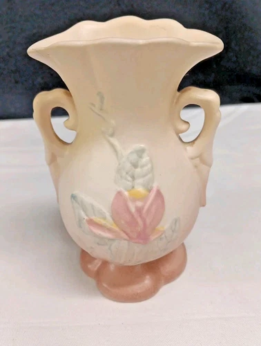 VTG Hull Art Pottery Magnolia Vase Small Double Handles Yellow Pink 4 3/4"