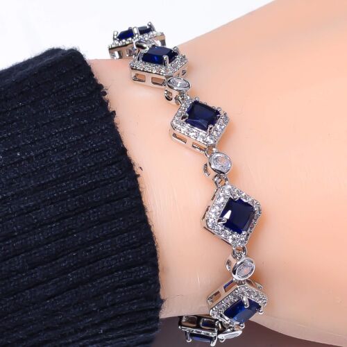Blue Sapphire (Simulated) & CZ 925 Sterling Silver Tennis Bracelet 7.99" B371338