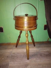 VTG ROUND WOOD RINGED BARREL 3-LEG SEWING BOX STORAGE LID W/HANDLE-SEE DETAILS 