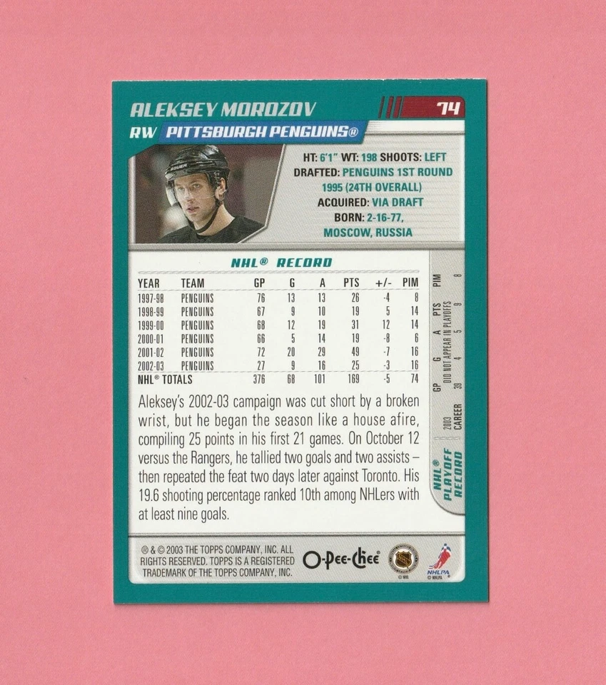 2003-04 O-Pee-Chee Base ALEKSEY MOROZOV #74 Pittsburgh Penguins - Image 2 of 2