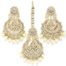 Traditional Gold Plated Big Chandbali Kundan & Pearl Earring Set With Maan Tikka