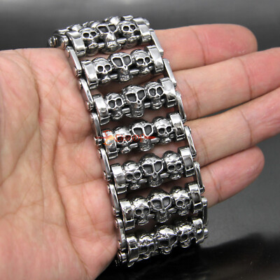 EC4Shop Heavy Men's 316L Stainless Steel Skull Chain Link Bracelet - 35mm Wide Silver (Hypoallergenic)