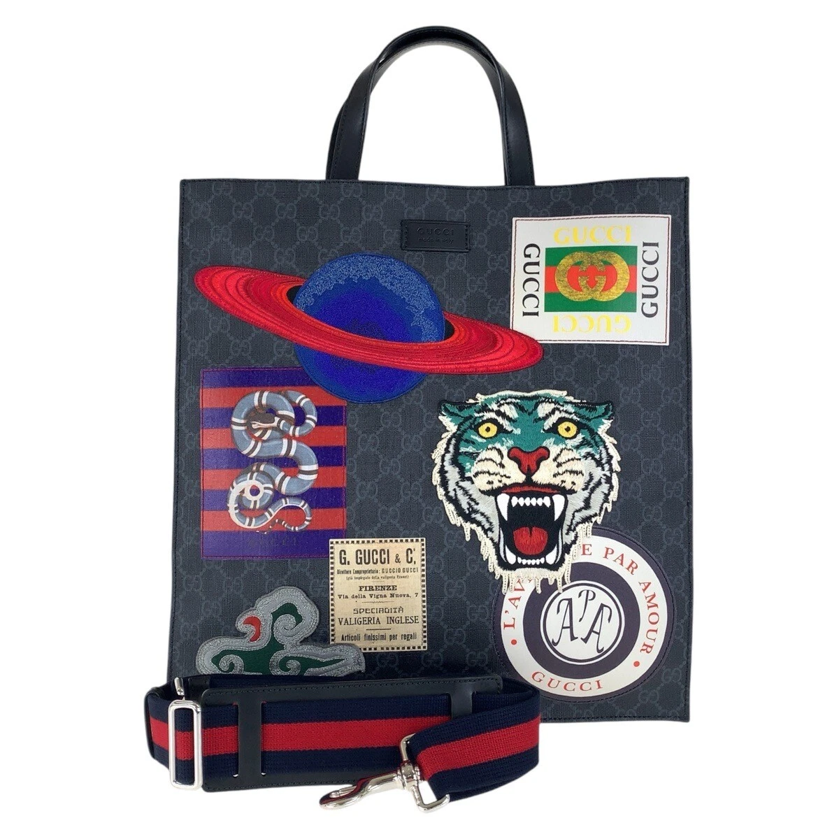 Sac fourre tout GUCCI Web Stripe Courier noir multicolore GG Supreme toile/cuir