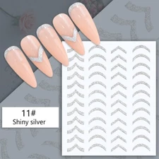 Glitter Silver French Tips Nail Sticker Wave Line Irregular Swirl Stripe Decal