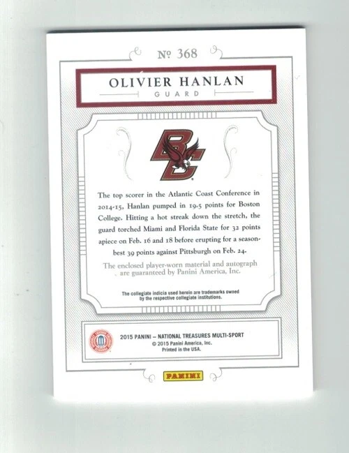 OLIVIER HANLAN 2015 National Treasures Collegiate AUTO JERSEY #78/99 Colossal RC - Image 2 of 2