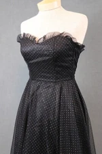 Gunne Sax 80s USA Black Mesh Bodice Glitter Ball Gown Sweetheart Neck Prom Dress