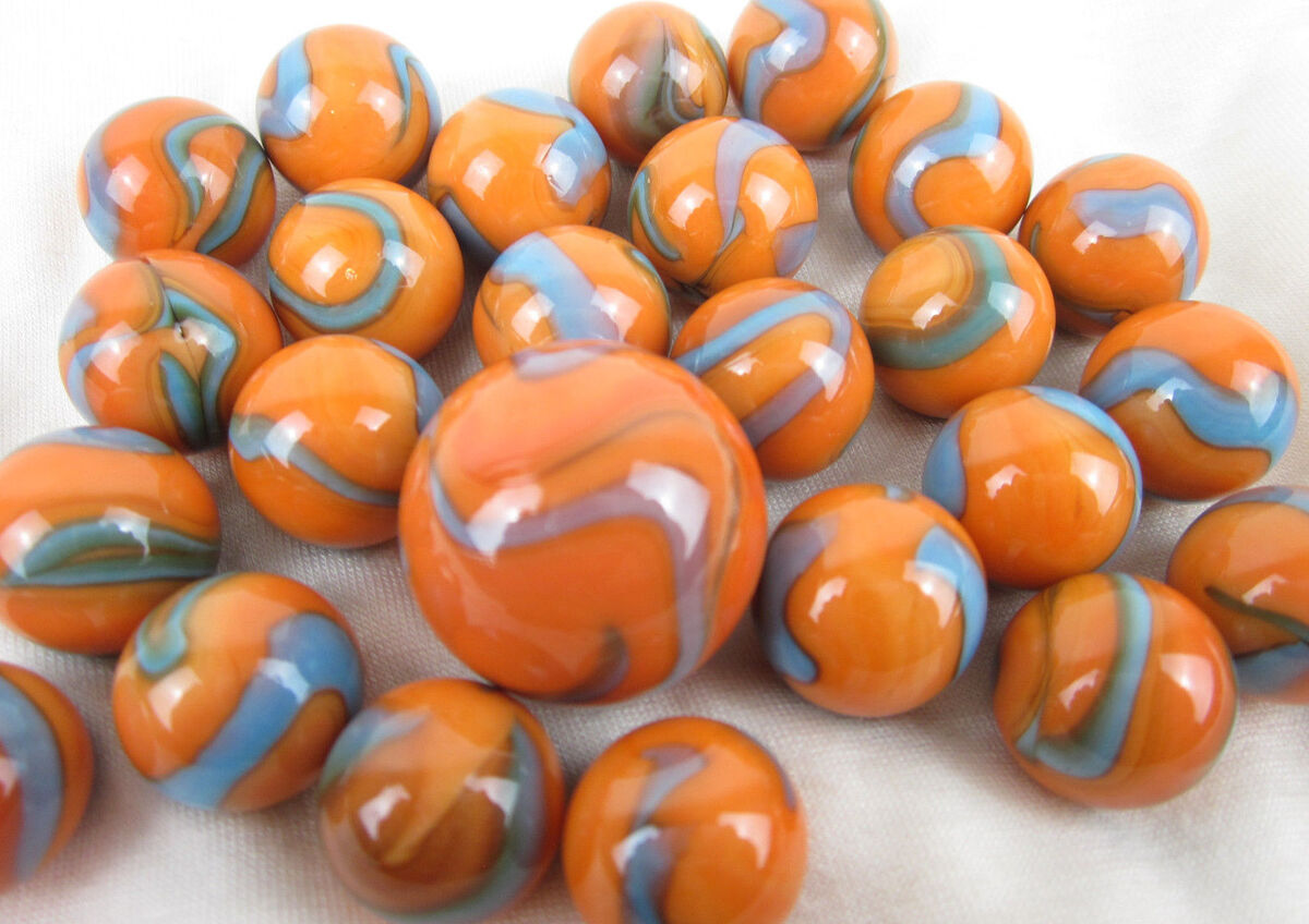 25 Glass Marbles SEAHORSE Orange/Blue Classic vtg Style Game Pack