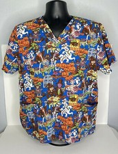 Halloween Nurse Scrubs Pumpkins Witches Ghosts Blue Top V-neck Black Size Medium