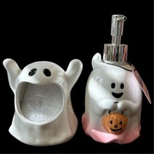 Halloween Ghost Ceramic Bathroom Soap Pump and Scrub Dish Spooky Decor
