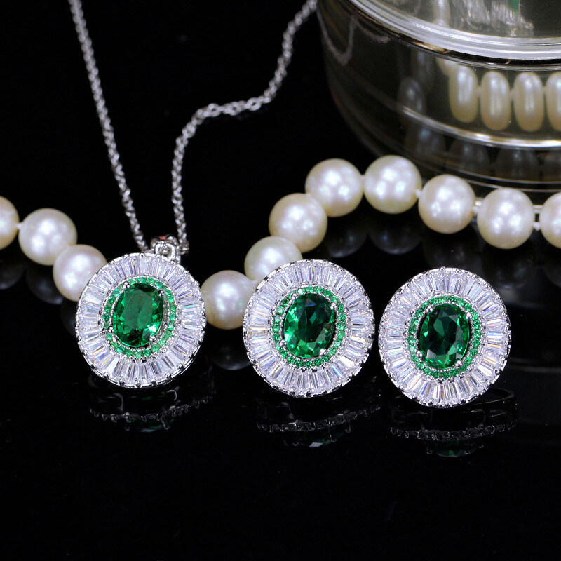 Big Oval Stud Earrings Necklace Silver Plated Women Zircon Crystal Jewelry Set