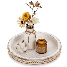 Decorative Serving Tray Wood White Washed Bead Round Tray Decor for Coffee Ta...