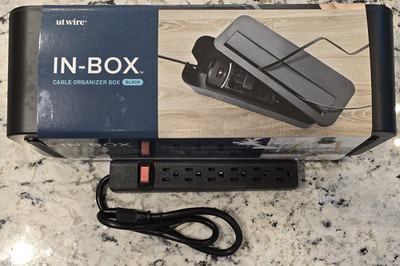 UT Wire Cable Management Box in Black with 6-Outlet Power Strip, New