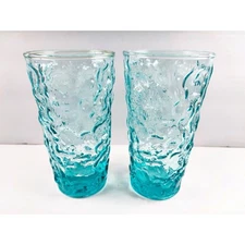 Anchor Hocking Aqua Lido Milano 12oz Glass Tumblers Crinkle MCM Vintage Set of 2