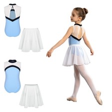 Kids Girls 2-Piece Recital Chiffon Skirt Costume Ballet Leotard Mesh Patchwork