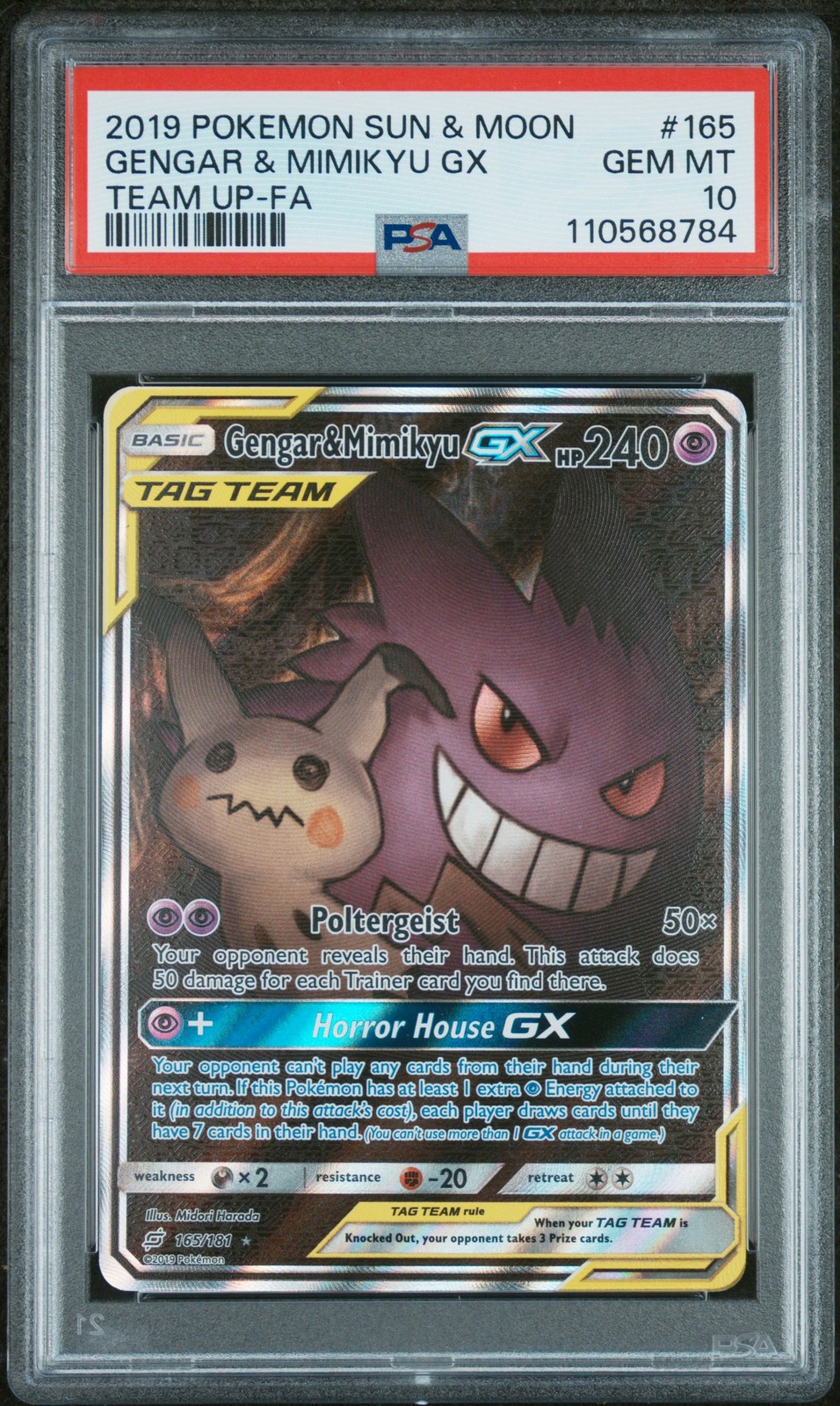 2019 POKEMON SUN & MOON TEAM UP #165 FULL ART/GENGAR & MIMIKYU GX PSA 10