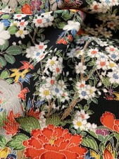 Japanese kimono silk fabric / Chirimen crepe, black base, Sakura RA09