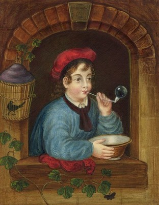 Junge bläst Blasen niederländischer Meister Aquarell Malerei Mitte 19. Jh. Frau E. O'Grady