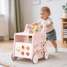 Wooden Baby Walker Ice Cream Cart Toy w/ Sweet Accessories Smooth Wheels