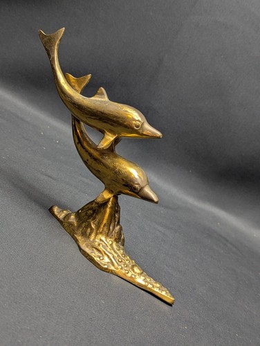 Vintage Solid Brass Swimming Pair of Dolphins Nautical Statue Sculpture - Picture 1 of 13