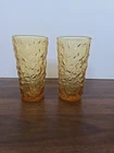 Set Of 2 Vintage Anchor Hocking Amber Lido Milano 8 Oz Drinking Glasses Crinkle