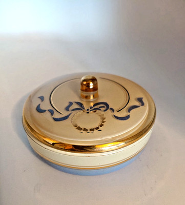 VTG Glass Powder Vanity Jar Container Pattern Flower Ribbon Blue Gold Cream