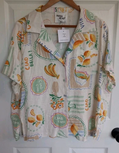 Women's  Paper Heart Linen Blend Shirt M, Tropical  Lemons Oversized NWT